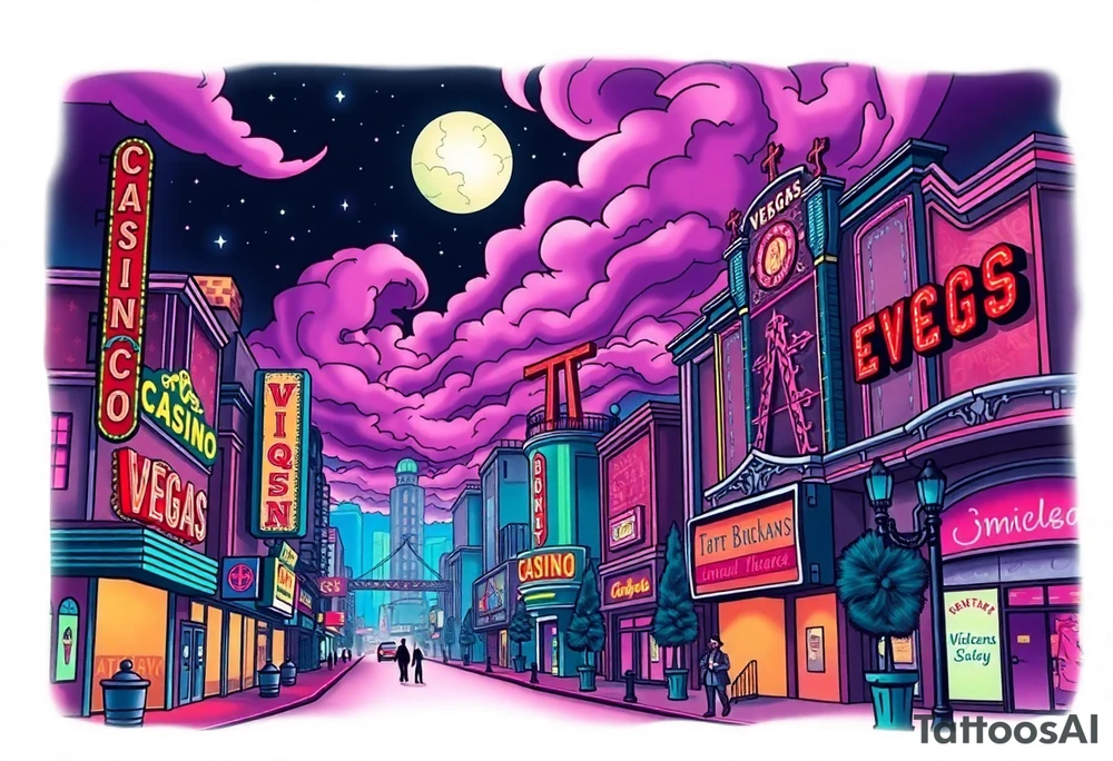 Tim Burton’s vegas casino on the strip from outside view is the street is littered with neon signs  and dripping with muted reds, dusty pinks, and eerie green glow purple and cyan smokey clouds swim through the moonlit night air as the stars twinkle tattoo idea tattoo idea
