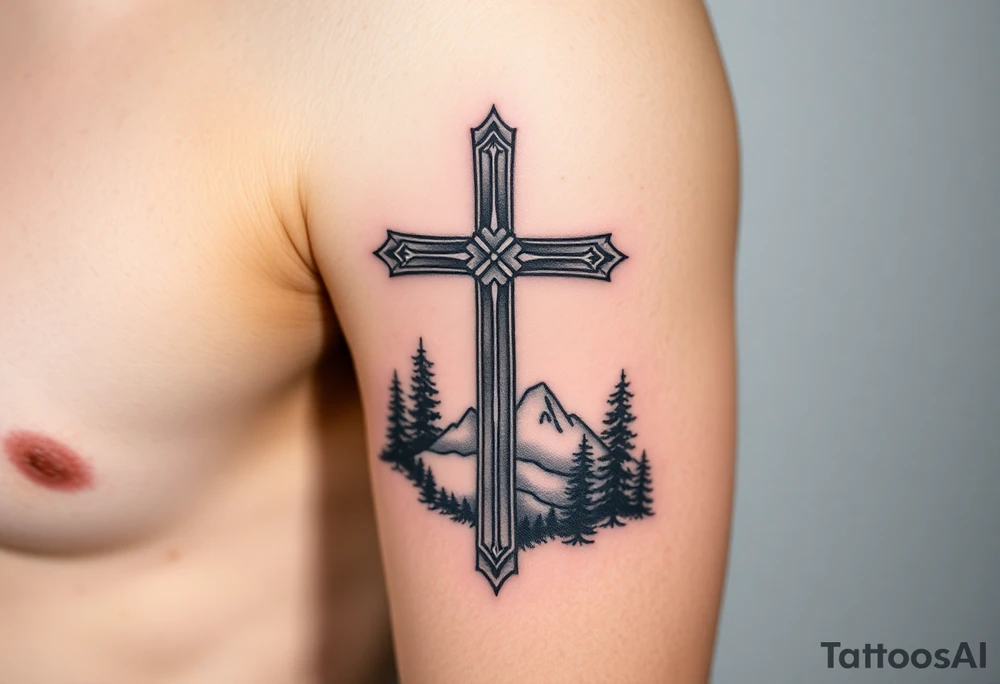 russian orthodox cross with the diagonal line at the bottom with a light forrest with a light mountainous setting tattoo idea