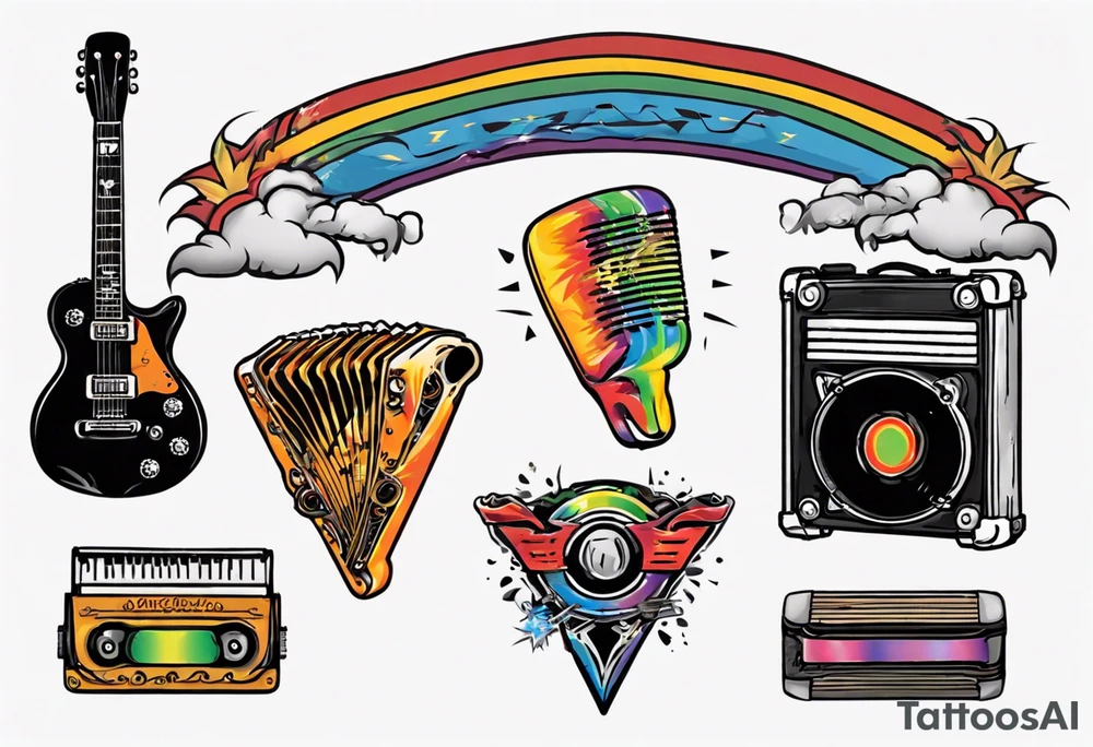 Music, guitar, harmonica, pick, dad, thunder, rainbow, tattoo idea