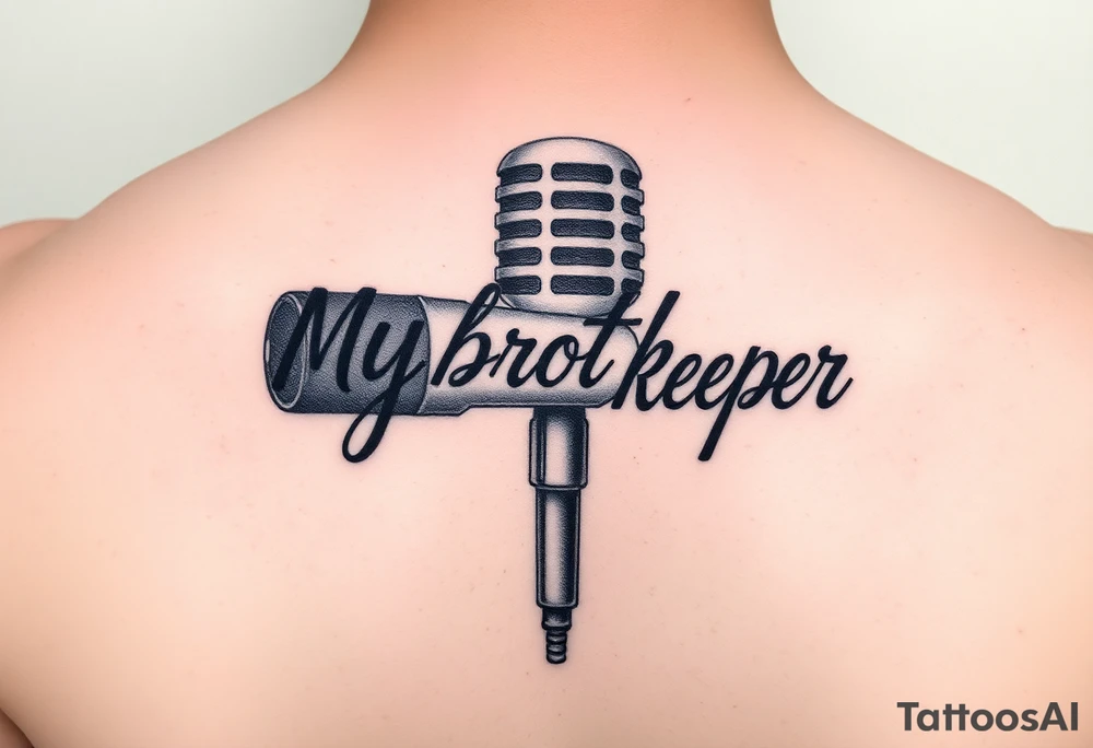 A microphone with the words “My brothers keeper” with the microphone looking like it’s actually writing the words . For a female and small tattoo idea