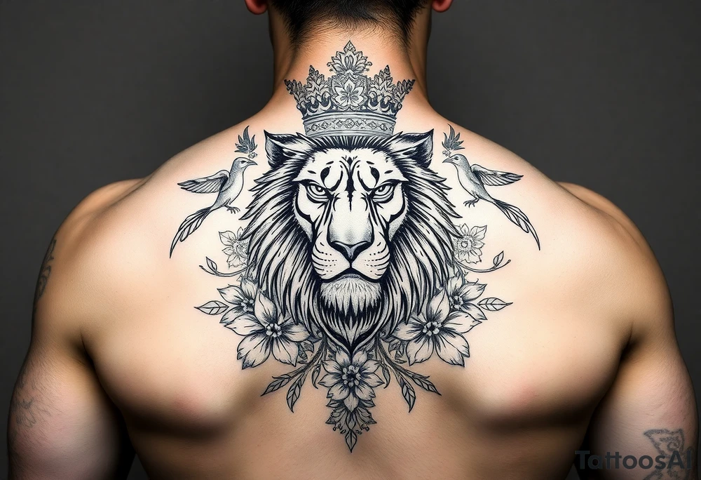 poking kong
werful majestic lion with a crown, surrounded by floral ornaments and birds tattoo idea