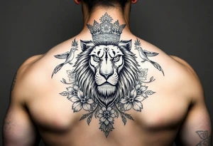 poking kong
werful majestic lion with a crown, surrounded by floral ornaments and birds tattoo idea