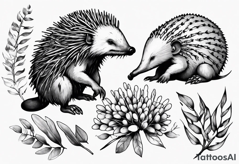 Echidna sitting on wattle and eucalyptus leaves tattoo idea