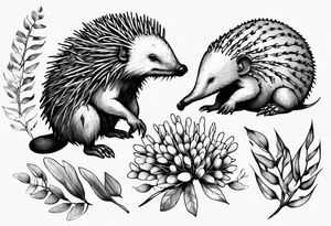 Echidna sitting on wattle and eucalyptus leaves tattoo idea