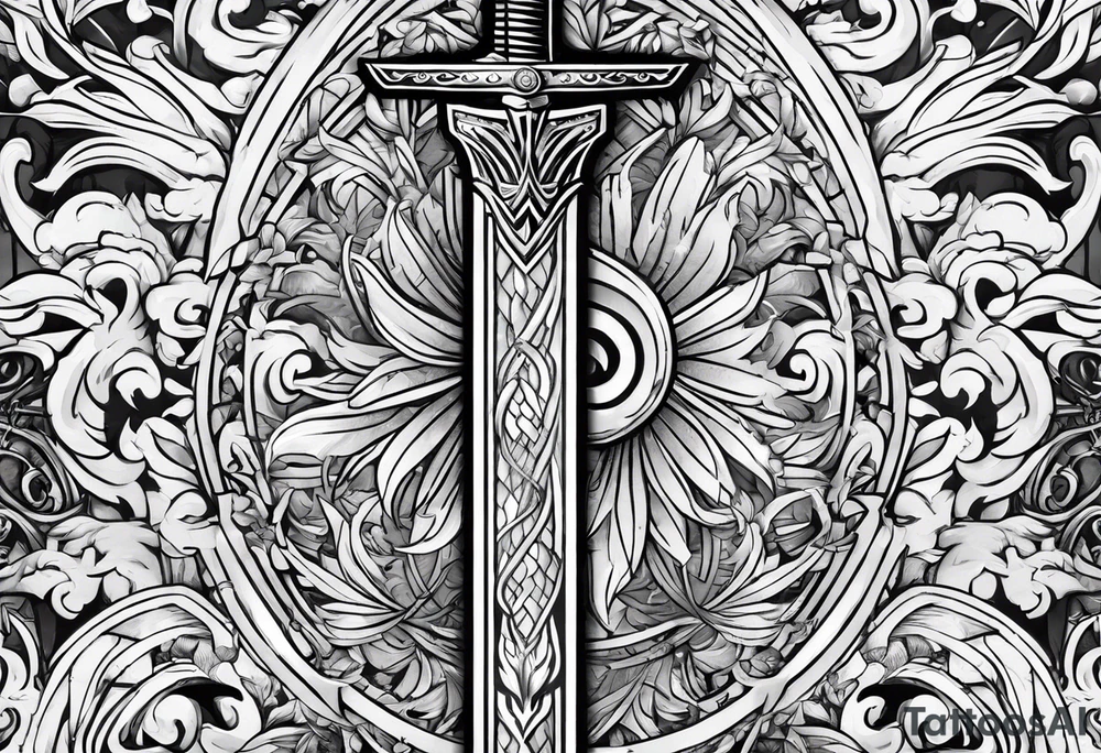 sword with fire in backgrond tattoo idea