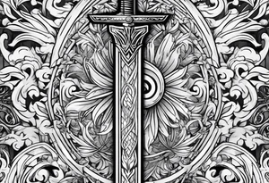 sword with fire in backgrond tattoo idea