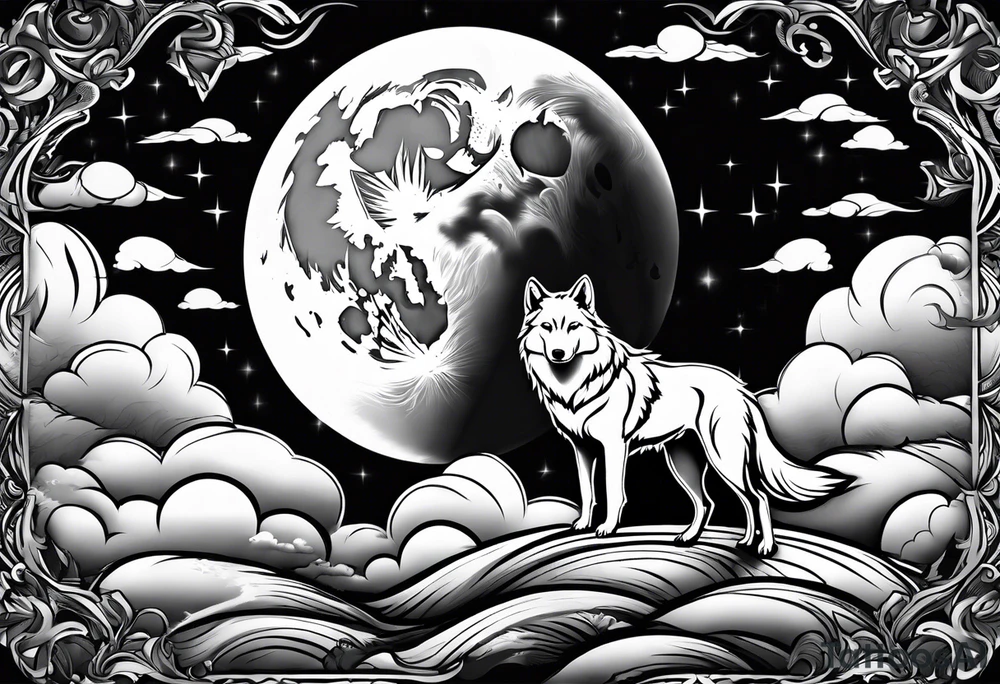 Wolf moon cross clouds tattoo idea