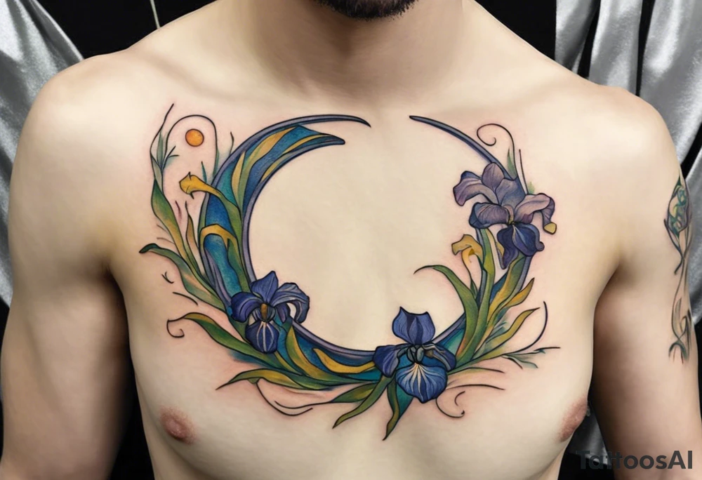 Create a small, colorful Vincent van Gogh Irises tattoo in the form of a crescent, with vines gracefully intertwining at a central point in the middle of the wreath. The intended placement is on the upper chest. The middle needs mountains. The overall design should be small in size while maintaining a delicate and artistic aesthetic. Pay attention to the graceful flow of the vines and the placement of the irises to achieve a refined and elegant look. tattoo idea