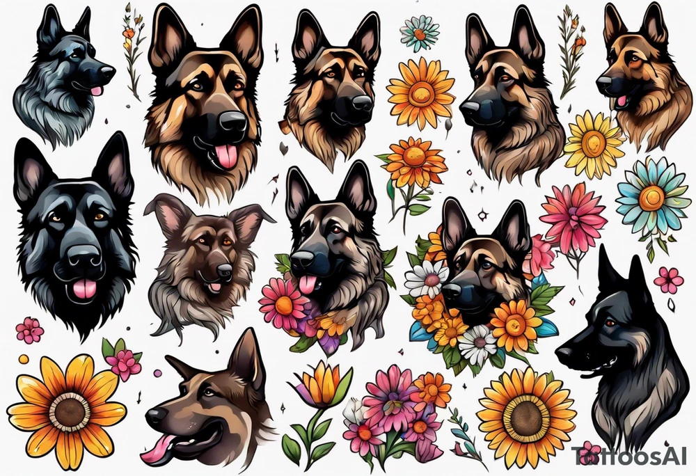 Dark Brown female German shepherd portrait surrounded by  colorful daisies tattoo idea