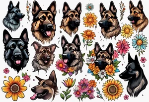 Dark Brown female German shepherd portrait surrounded by  colorful daisies tattoo idea