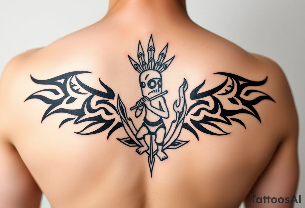 cactus in the middle
kokopelli playing flute in front ot cactus tattoo idea