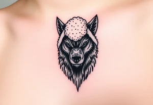 Big bad wolf nursery rhyme wearing a sheep costume with sheep head hood to kill and eat the three little pigs and little red riding hood in the woods tattoo idea