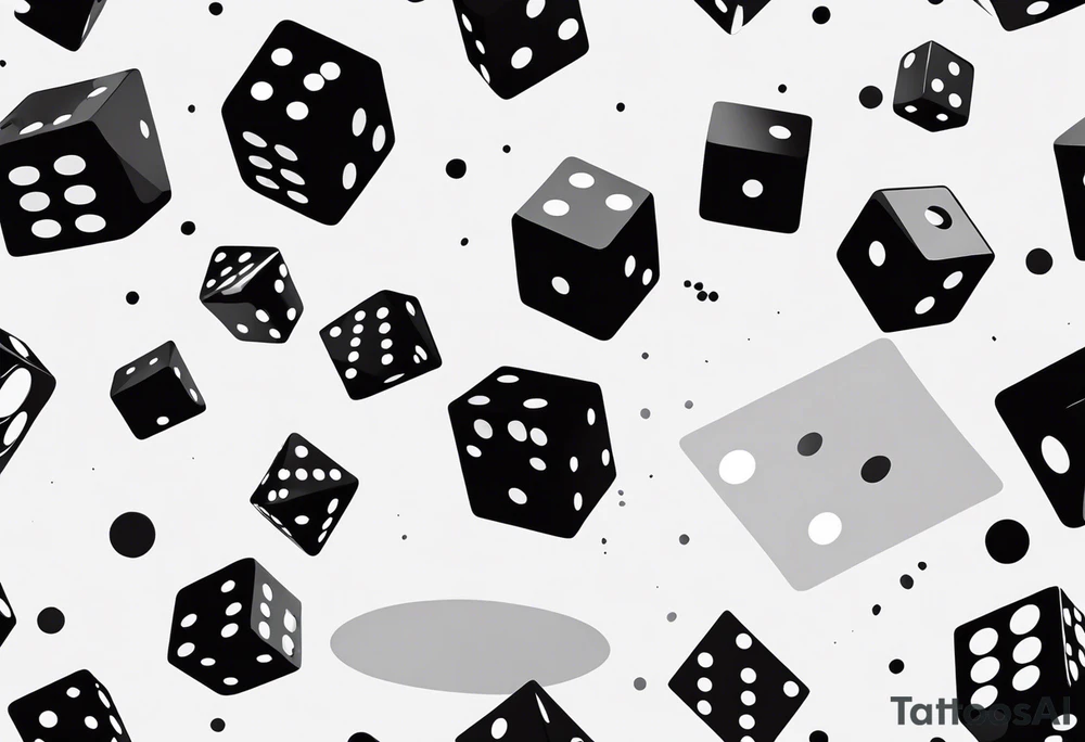 A black-and-white silhouette of multiple dice floating in mid-air, varying in size. The dice are depicted with bold, sharp lines, each featuring simple black dots to represent the pips, with no shading or gradients. The liquid-like substance surrounding the dice is illustrated with abstract, flowing shapes, suggesting motion and fluidity, but kept in stark black and white. The dark background contrasts with the bold black silhouettes, emphasizing the dynamic movement and unpredictability of the scene. The overall composition focuses on the sharp contrast between the dice and the swirling liquid forms, creating a sense of energy and motion through minimalist design. tattoo idea