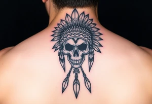 Native American skull with head dress and arrows below tattoo idea