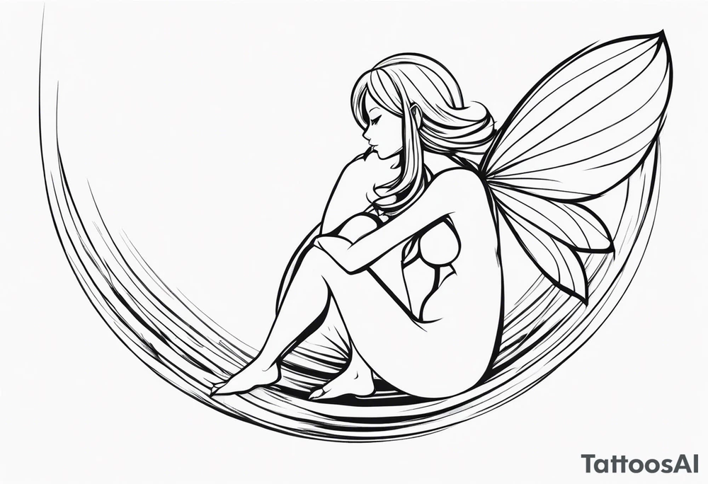 Minimalistic, monochromatic fairy with a tail flying to the left in a fetal position, leaning and looking in the same direction, with visible hands, embodying the 'Fairy Tail' logo aesthetic. tattoo idea