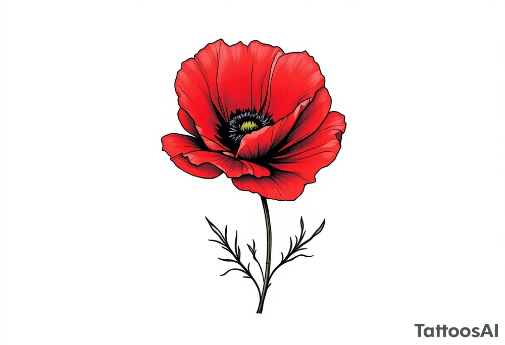 A single poppy flower with delicate, fine linework, featuring a vibrant red bloom with soft black shading at the center. The petals are light and flowing, giving the flower a gentle, airy appearance. A subtle green stem and a few slender leaves add a touch of natural elegance, while the overall design is minimalist, focusing on the beauty of the poppy in its simplest form. tattoo idea