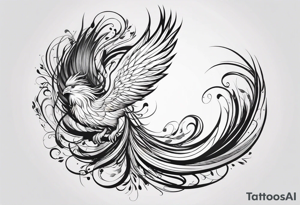 minimalist pheonix with long tail curling and feathers coming off tail tattoo idea