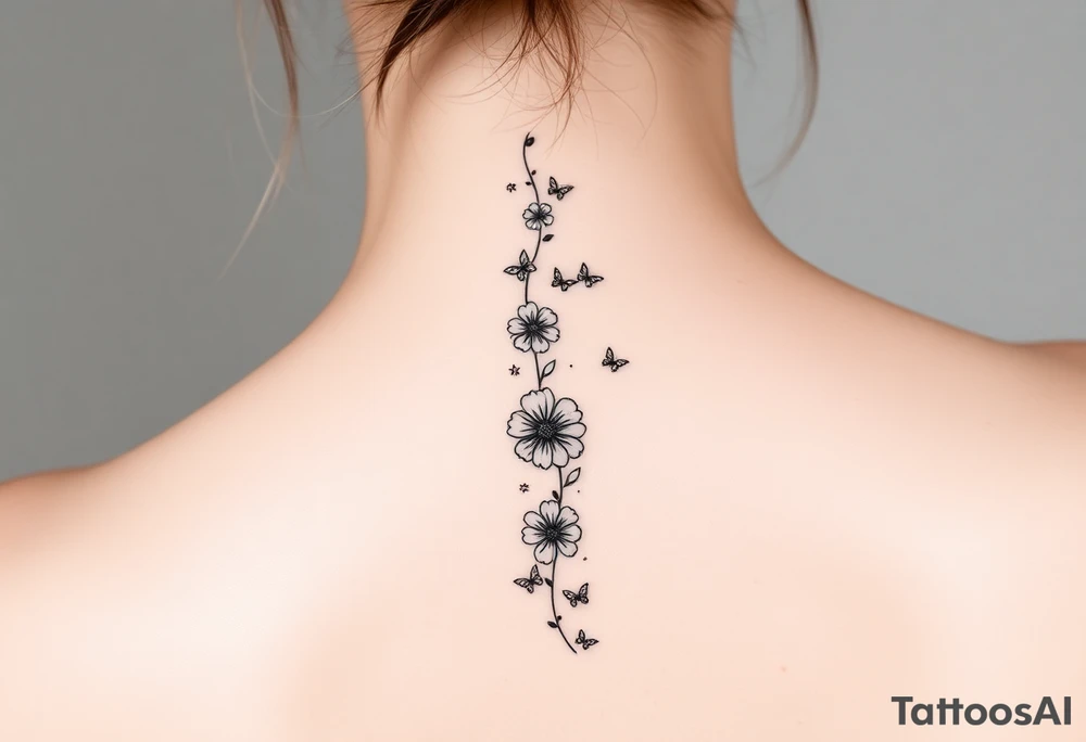 Flowers vertically down the spine surrounded by small butterflies and sparkles tattoo idea