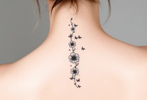 Flowers vertically down the spine surrounded by small butterflies and sparkles tattoo idea