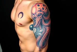 Kraken octopus grabbing a astronaut in a Outer space back ground tattoo idea