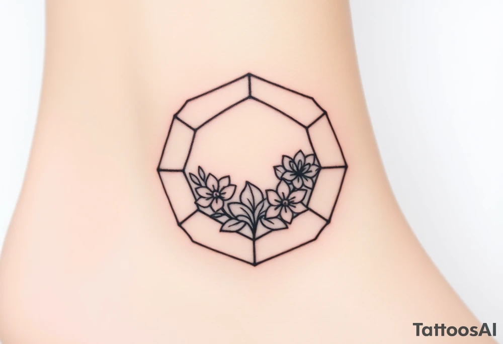 Faint Hexagon with astrological sign for Leo, larkspur and water lilies in the center tattoo idea