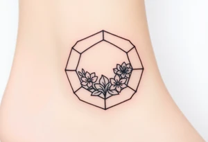 Faint Hexagon with astrological sign for Leo, larkspur and water lilies in the center tattoo idea