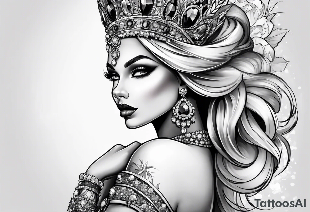 Fancy queen zombie diamonds and gemstones full sleeve tattoo idea