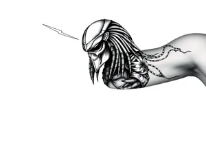 Predator with staff pointing towards sky with lighting bolt tattoo idea