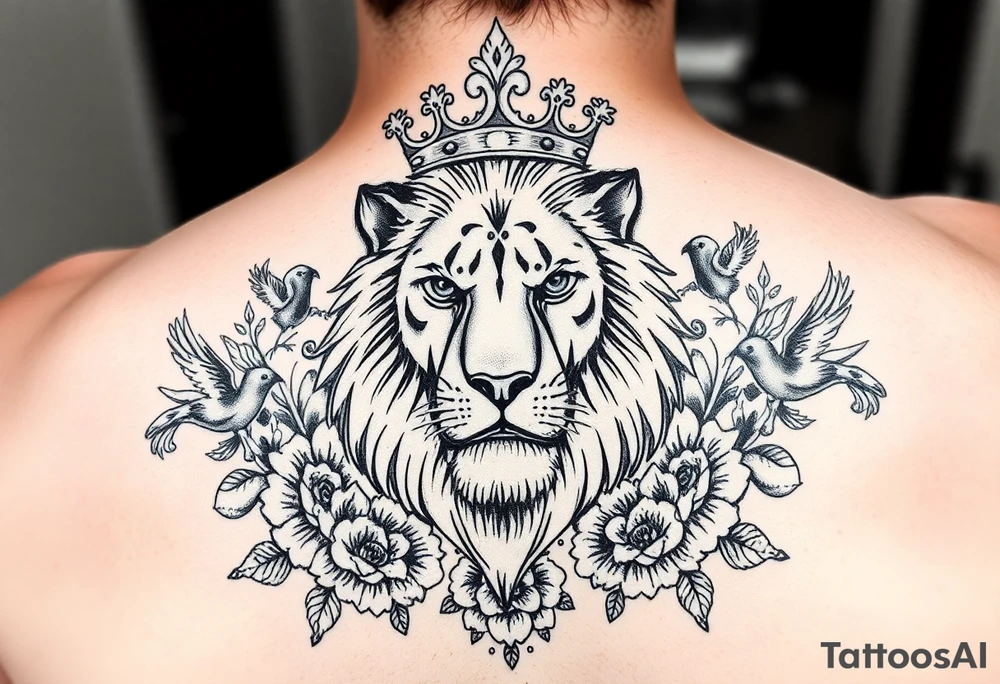powerful majestic lion with a crown, surrounded by floral ornaments and birds tattoo idea