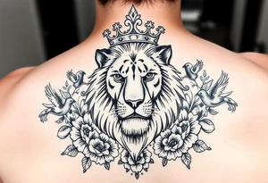 powerful majestic lion with a crown, surrounded by floral ornaments and birds tattoo idea