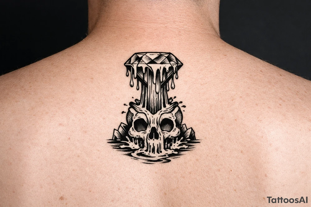 Diamond melting like a colorful waterfall running into a waterfall skull tattoo idea
