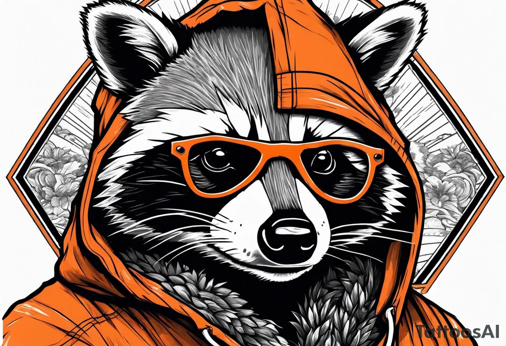 Raccoon wearing an orange Superman hoodie tattoo idea