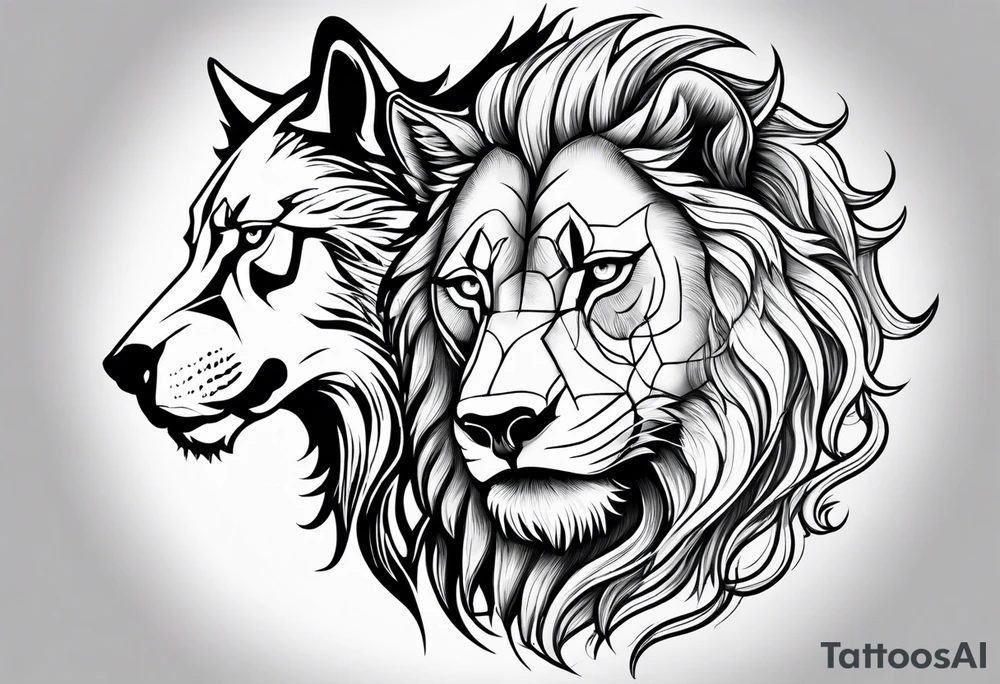 A wolf and a lion facing each other, representing strength and love tattoo idea