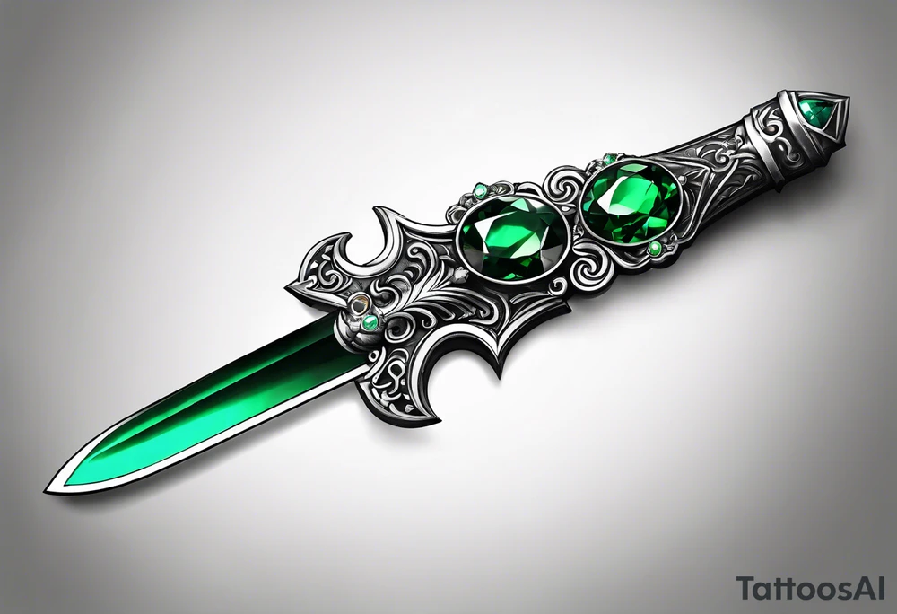 An athame dagger with the hilt turned upward and emerald gemstones tattoo idea