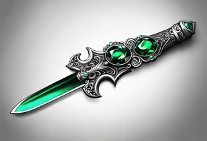 An athame dagger with the hilt turned upward and emerald gemstones tattoo idea
