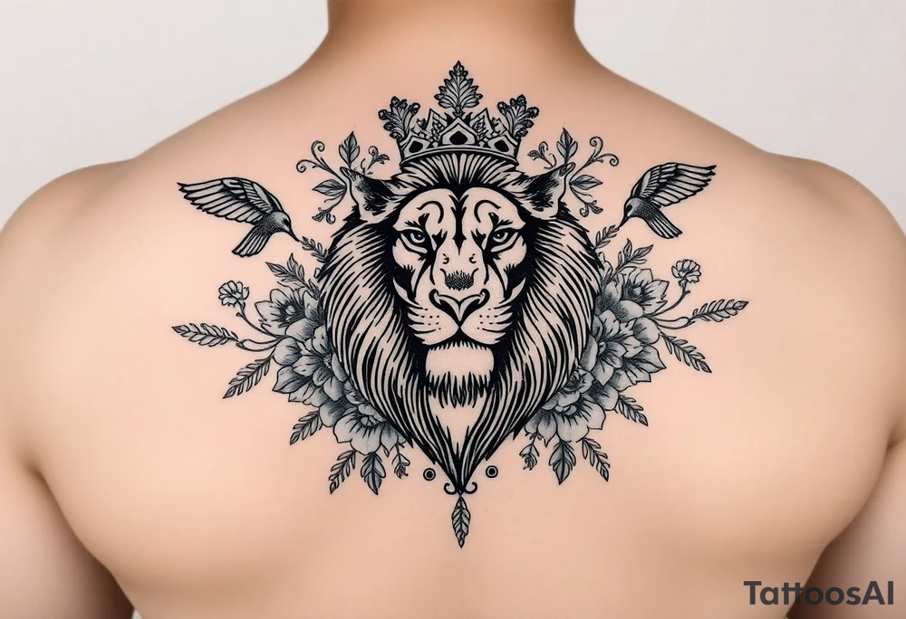 powerful majestic lion with a crown, surrounded by floral ornaments and birds tattoo idea