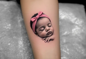A portrait-style tattoo of a sleeping baby girl’s face, realistic shading in grayscale with a pink bow headband as the only color. tattoo idea