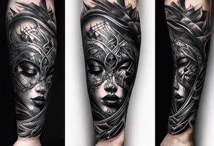 tattoo fool sleeve, broken mask, sad, dark tattoo idea