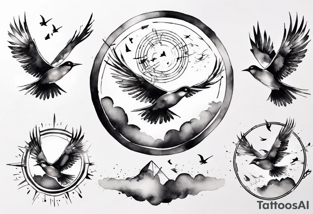 shoulder tattoo with light rays with birds flying free among the clouds, round shape, 3d effect tattoo idea shoulder tattoo with light rays with birds flying free among the clouds, round shape, 3d effect tattoo idea
