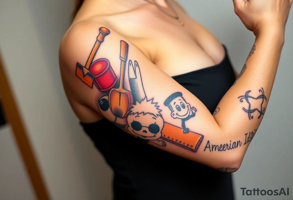 Childhood memories of a book, a bucket and spade, a football, a cricket bat, a cartoon of Dennis the Menace from the Beano comic, and the American Idiot symbol tattoo idea