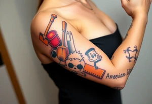 Childhood memories of a book, a bucket and spade, a football, a cricket bat, a cartoon of Dennis the Menace from the Beano comic, and the American Idiot symbol tattoo idea