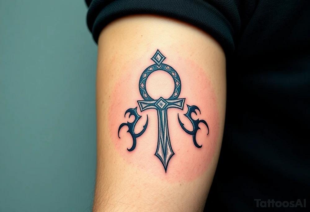 A Hand Holding an Ankh with a Name Written Inside(only red, blue and black are possible colors) tattoo idea