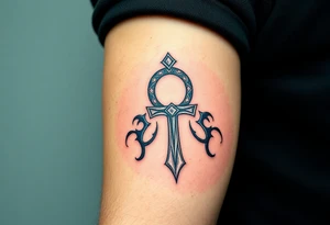 A Hand Holding an Ankh with a Name Written Inside(only red, blue and black are possible colors) tattoo idea