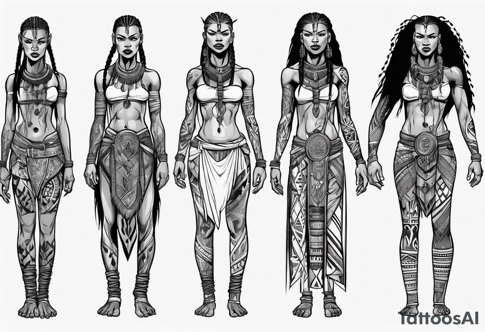 African female Viking  full body 
slim long face small mouth long braided hair tattoo idea