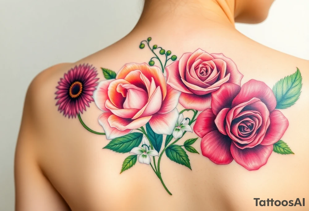Bouquet of flowers with a aster, carnation, rose, Lily of the valley, larkspur with stems Starting upper middle back to right shoulder tattoo idea