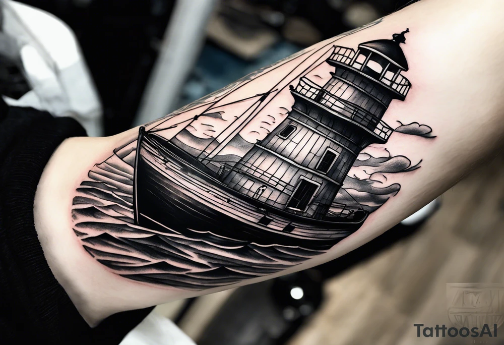 phare maritime dans un bateau a voiles vu du devant. tattoo idea