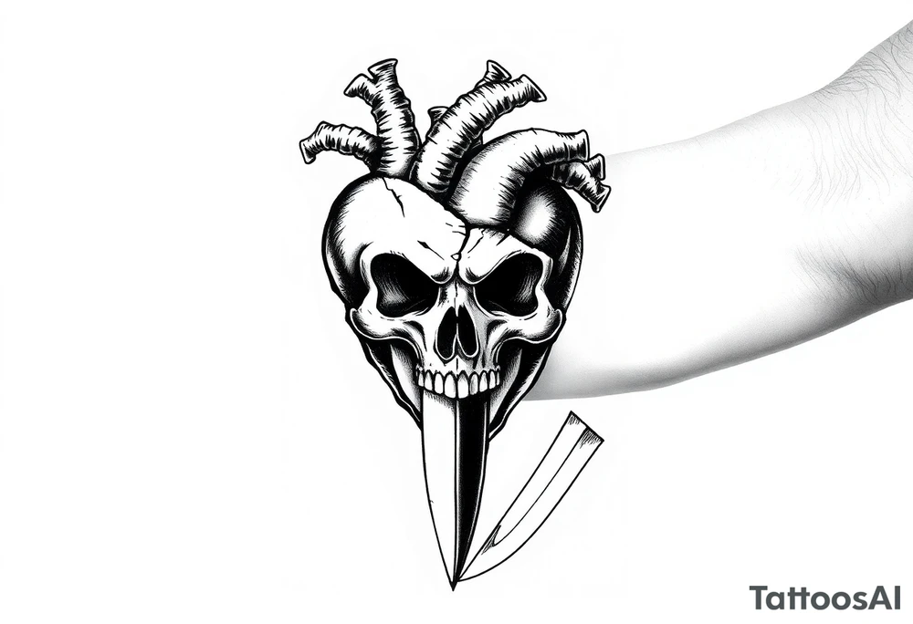 A broken heart with a shadow skull and a knife showing no remorse with all my pains in my life tattoo idea