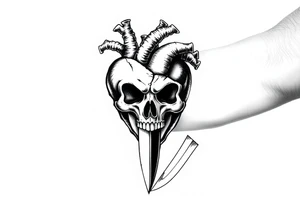 A broken heart with a shadow skull and a knife showing no remorse with all my pains in my life tattoo idea