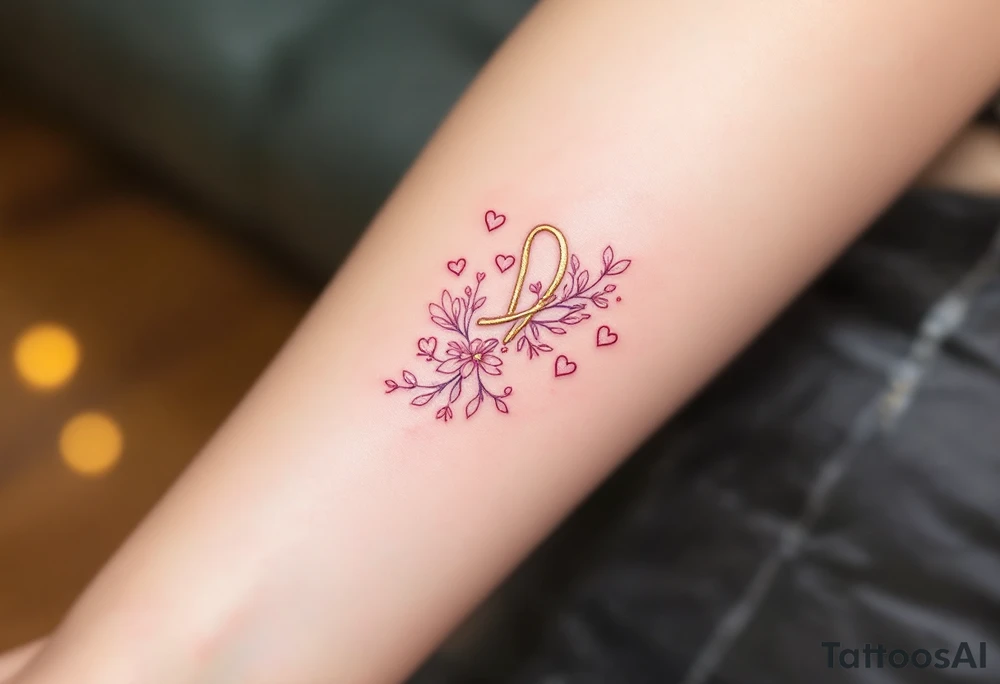 A soft pink and gold rune symbolizing love. Outlined with delicate hearts and floral accents. tattoo idea