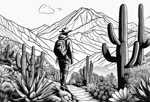 Man and woman hiking in mountains and cactus tattoo idea